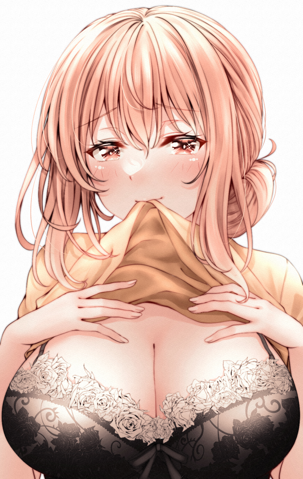 1girl black_bra blush bow bow_bra bra breasts cleavage clothes_in_mouth clothes_lift hair_bun hands_on_own_breasts highres lace lace_bra large_breasts lifted_by_self looking_at_viewer medium_hair orange_eyes orange_hair red_hayao simple_background single_hair_bun solo sweater sweater_lift underwear white_background yahari_ore_no_seishun_lovecome_wa_machigatteiru. yellow_sweater yuigahama_yui's_mother