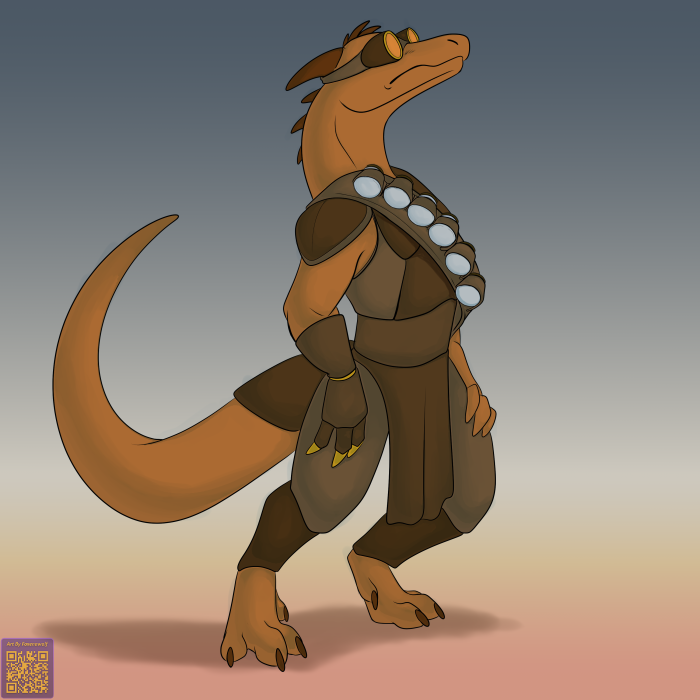 1:1 anthro bandolier barefoot brown_body brown_scales clothed clothing eyewear feet foxenawolf gloves goggles gradient_background handwear kobold male scales simple_background solo