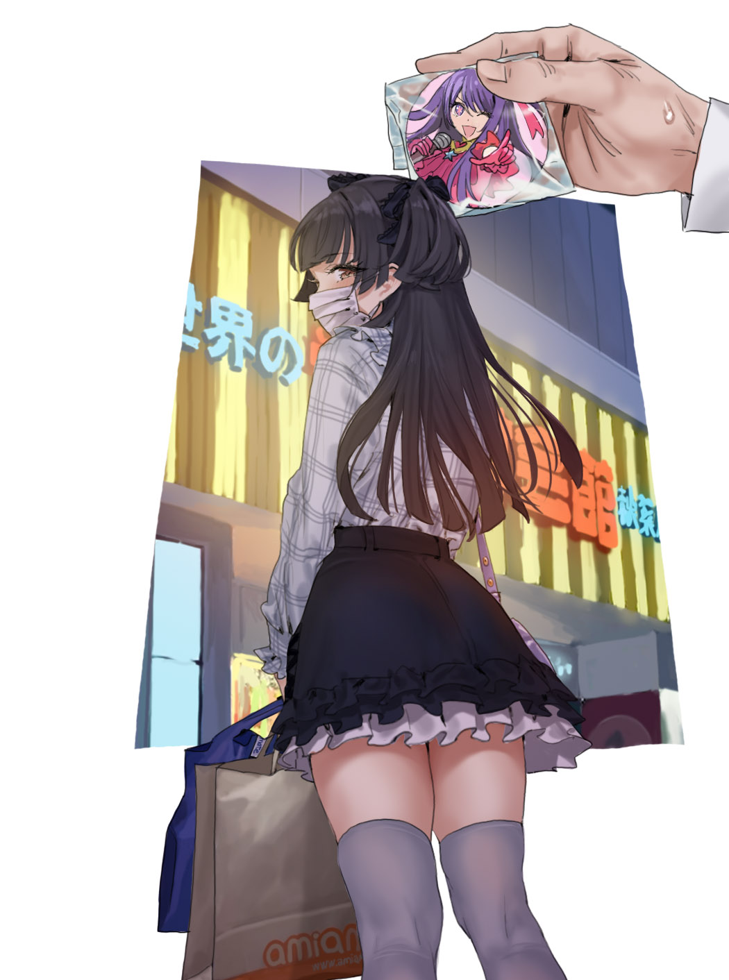 1boy 1girl bag black_hair black_skirt blunt_bangs blunt_ends blush character_badge feet_out_of_frame hamedoragon highres holding holding_bag hoshino_ai_(oshi_no_ko) idolmaster idolmaster_shiny_colors long_hair long_sleeves looking_at_viewer looking_back mask mayuzumi_fuyuko mouth_mask oshi_no_ko petticoat plaid plaid_shirt pov pov_hands producer_(idolmaster) shirt shopping_bag skirt sweatdrop thighhighs very_long_hair white_mask white_thighhighs zettai_ryouiki