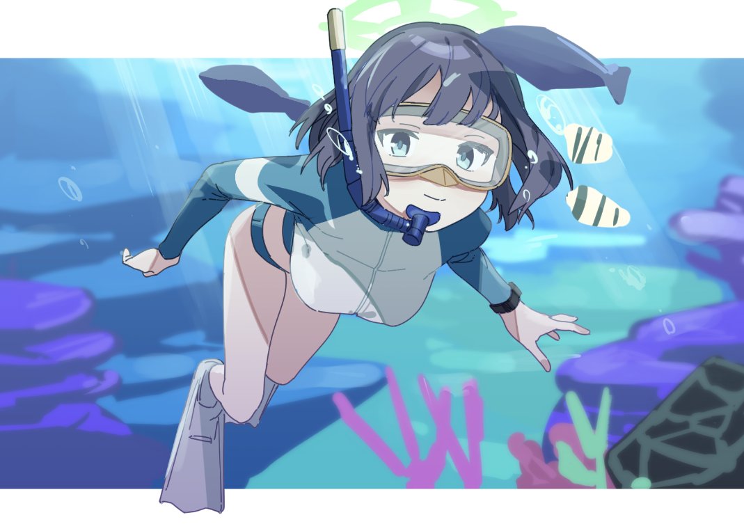 1girl bikini black_hair blue_archive blue_eyes breasts bubble closed_mouth coral diving_mask flippers goggles halo jacket large_breasts littleminimamut long_sleeves looking_at_viewer saki_(blue_archive) saki_(swimsuit)_(blue_archive) short_hair snorkel solo swimsuit underwater water
