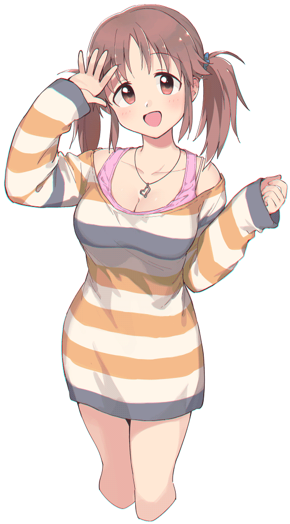 1girl bare_shoulders blush bow breasts brown_eyes brown_hair cleavage collarbone dress hair_bow heart heart_necklace idolmaster idolmaster_cinderella_girls idolmaster_cinderella_girls_starlight_stage jewelry large_breasts long_hair long_sleeves looking_at_viewer multicolored_clothes nanonin necklace open_mouth pink_tank_top sleeves_past_wrists smile solo striped striped_dress tank_top totoki_airi twintails