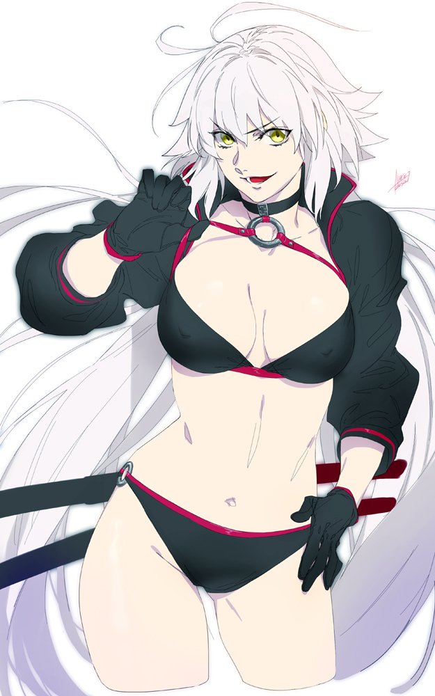 1girl azusa_(hws) bikini black_bikini black_choker black_gloves black_jacket breasts choker collarbone covered_nipples cropped_jacket cropped_legs fate/grand_order fate_(series) gloves groin_tendon hair_between_eyes hand_on_own_hip hand_up jacket jeanne_d'arc_alter_(fate) jeanne_d'arc_alter_(swimsuit_berserker)_(fate) katana lifted_by_self long_hair long_sleeves looking_at_viewer lower_teeth_only medium_breasts navel o-ring o-ring_bikini open_mouth popped_collar red_trim sheath sheathed signature simple_background smile solo strap_lift swimsuit sword teeth weapon white_background white_hair yellow_eyes