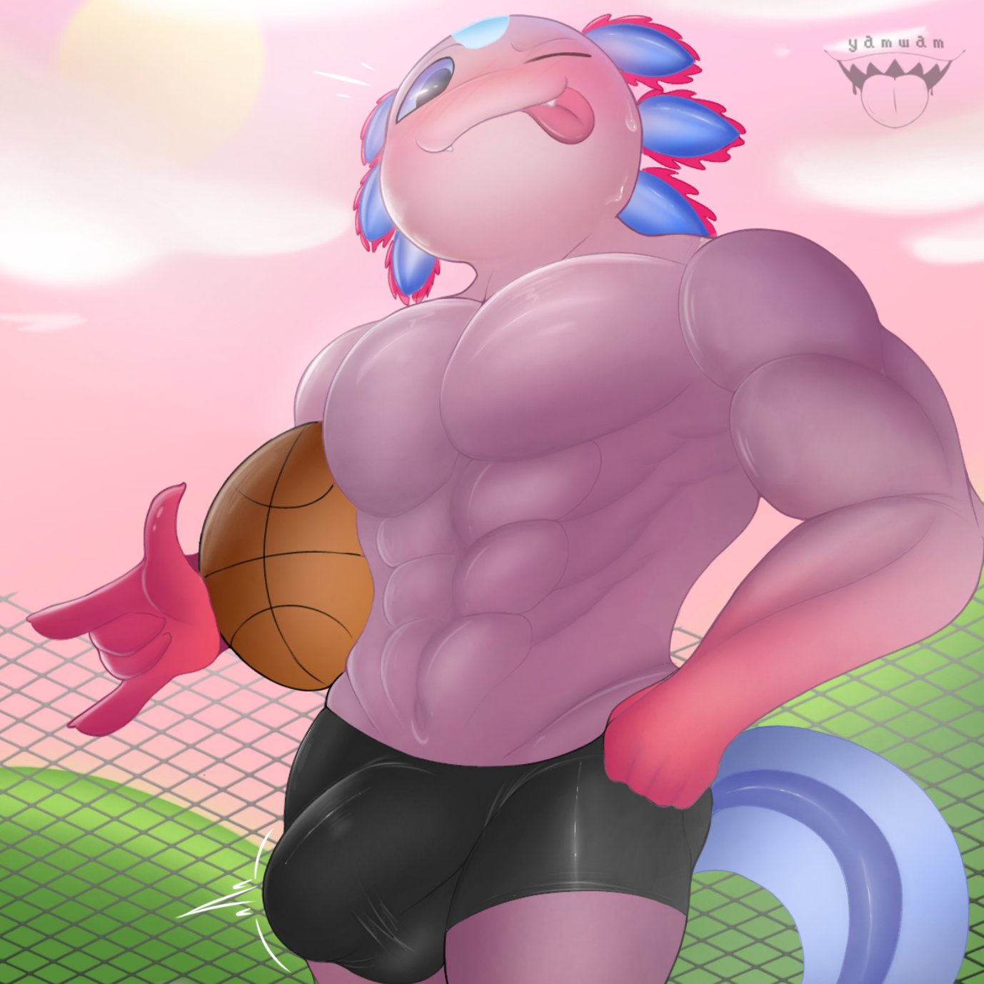 amphibian axo_(fortnite) axolotl basketball big_bulge blue_body blue_tail blush bodily_fluids bulge chain-link_fence clothed clothing cloud epic_games fangs fence fortnite genitals grass hand_gesture hand_on_hip hi_res holding_basketball looking_at_viewer looking_down looking_down_at_viewer magenta_body male marine mole_salamander multicolored_body muscular muscular_male one_eye_closed penis pink_body pink_sky pink_tongue plant purple_eyes salamander smile smirk solo sun sweat tail teeth throbbing_penis tongue tongue_out underwear underwear_only wink winking_at_viewer yamwamm