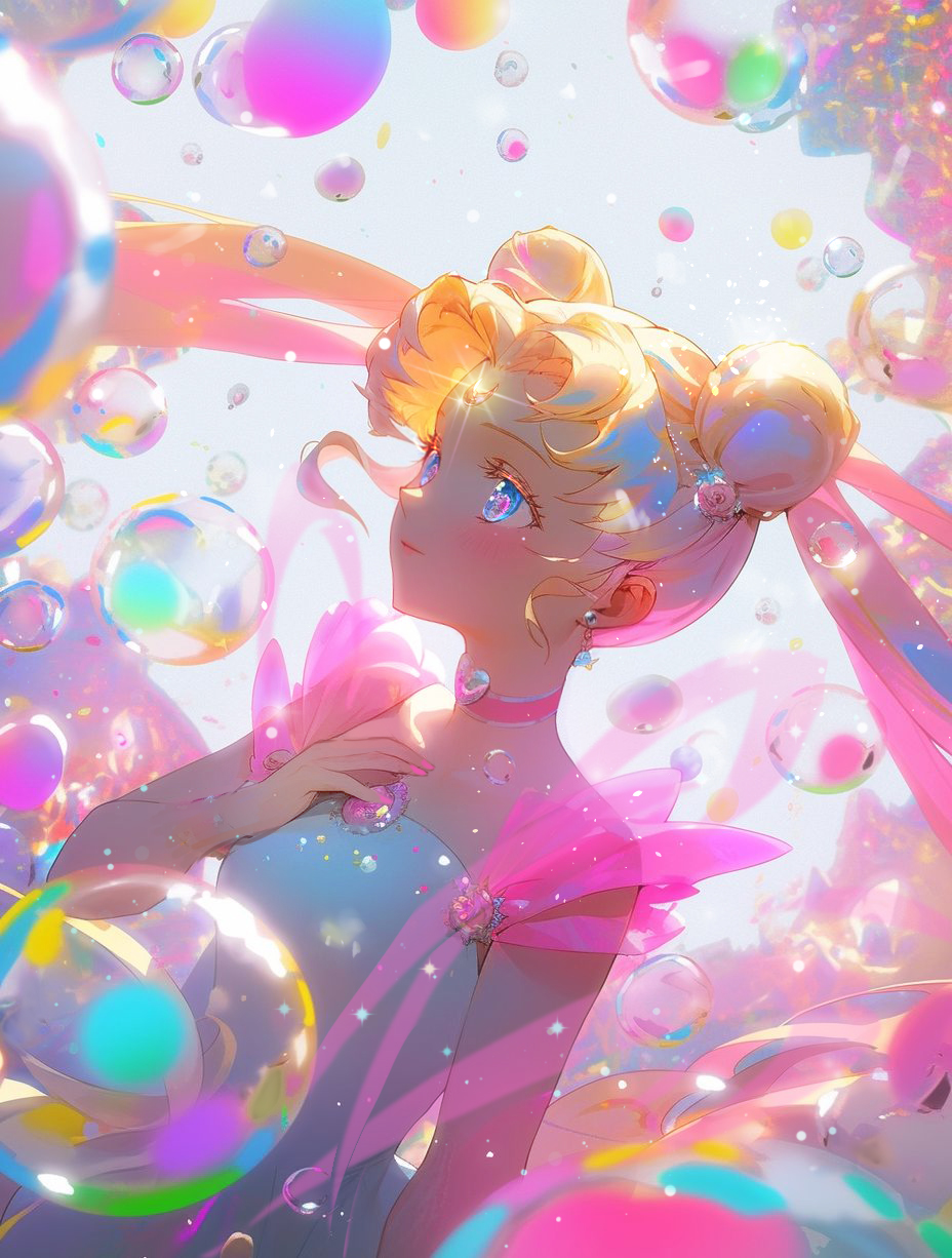 1girl air_bubble bare_shoulders bishoujo_senshi_sailor_moon blonde_hair blue_eyes bubble choker closed_mouth colorful crescent crescent_facial_mark double_bun dress earrings facial_mark fingernails forehead_mark hair_bun hair_ornament haniayuna33 highres jewelry light_particles long_hair looking_ahead nail_polish parted_bangs pink_nails sailor_moon smile solo sparkle tsukino_usagi twintails white_dress