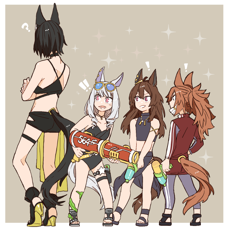 ! !! 4girls ? aged_down ahoge alternate_costume animal_ears asuka_(junerabitts) bare_shoulders bikini black_bikini black_footwear black_one-piece_swimsuit black_sarong brown_hair eyewear_on_head from_behind full_body gold_ship_(run_revolt_launcher)_(umamusume) gold_ship_(umamusume) grey_hair holding holding_water_gun horse_ears horse_girl horse_tail jacket kin'iro_ryotei_(umamusume) long_hair looking_to_the_side mask midriff mouth_mask multiple_girls nakayama_festa_(entrust_myself_to_the_dice)_(umamusume) nakayama_festa_(umamusume) official_alternate_costume one-piece_swimsuit orfevre_(umamusume) pants purple_eyes red_jacket sandals sarong short_hair sunglasses super_smashing_summer_vacation_(umamusume) swimsuit tail tail_through_clothes tinted_eyewear track_jacket track_pants umamusume water_gun yellow-framed_eyewear