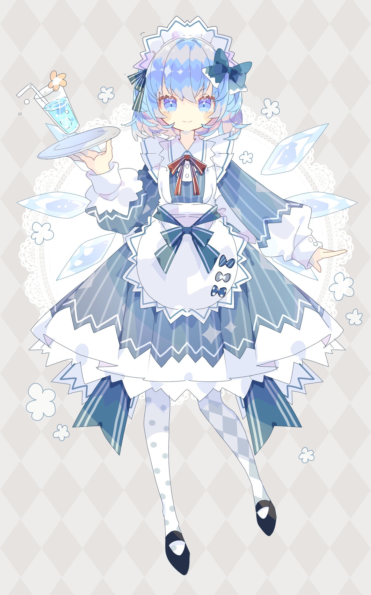 1girl alternate_costume argyle argyle_background argyle_legwear black_footwear blue_dress blue_eyes blue_hair blush_stickers cirno closed_mouth cup detached_wings doily dress drink drinking_glass drinking_straw enmaided fairy full_body highres ice ice_wings long_sleeves maid maid_headdress nikorashi-ka pantyhose polka_dot polka_dot_legwear shoes short_hair smile solo touhou tray white_pantyhose wings