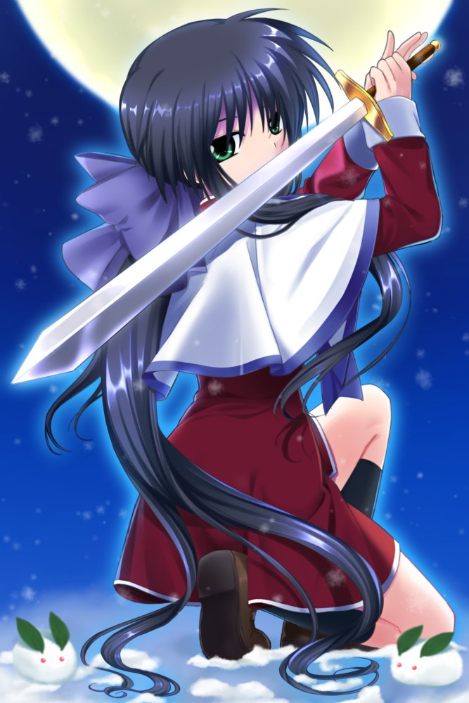 1girl arms_up black_hair black_socks blurry bow brown_footwear capelet commentary depth_of_field dress expressionless from_behind full_body full_moon green_eyes hair_between_eyes hair_bow hair_over_shoulder hair_spread_out holding holding_sword holding_weapon kanon kawasumi_mai knee_up loafers long_hair looking_at_viewer looking_back moon night on_one_knee otou_(otou_san) outdoors own_hands_together ponytail purple_bow red_dress school_uniform shoes sidelocks snow_rabbit snowing socks solo spiked_hair sword tiptoes very_long_hair weapon white_capelet