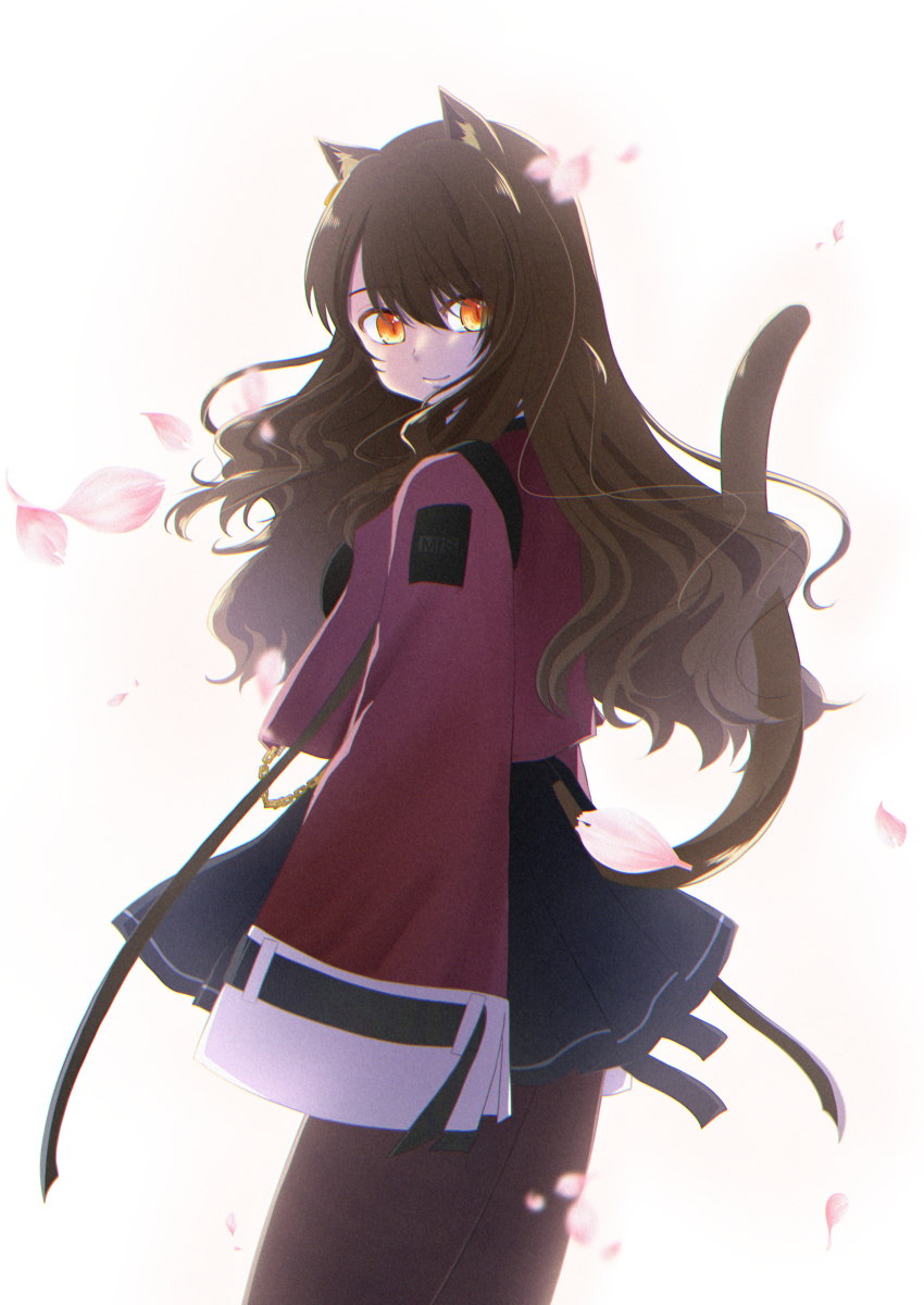 1girl animal_ear_fluff animal_ears arknights black_skirt brown_hair brown_pantyhose cat_ears cat_girl cat_tail closed_mouth commentary_request from_side hair_between_eyes highres jacket long_hair long_sleeves looking_at_viewer looking_to_the_side mishima_hisa orange_eyes pantyhose petals pleated_skirt red_jacket simple_background skirt skyfire_(arknights) sleeves_past_fingers sleeves_past_wrists smile solo tail tail_raised very_long_hair white_background wide_sleeves