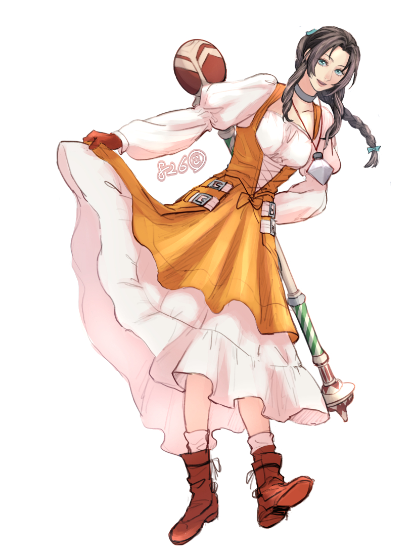 826hopelight aerith_gainsborough aqua_eyes aqua_ribbon arm_behind_back artist_name bad_proportions boots braid braided_ponytail breasts brown_hair clothes_lift collarbone cosplay dress dress_lift final_fantasy final_fantasy_ix final_fantasy_vii final_fantasy_vii_ever_crisis frilled_dress frills full_body garnet_til_alexandros_xvii garnet_til_alexandros_xvii_(cosplay) gloves grey_choker hair_tie holding holding_staff jewelry juliet_sleeves lace-up_top leaning_forward long_hair long_sleeves looking_at_viewer medium_breasts official_alternate_costume orange_dress parted_bangs parted_lips pendant puffy_long_sleeves puffy_sleeves red_footwear red_gloves ribbon shirt sidelocks single_braid smile socks staff wavy_hair white_background white_dress white_shirt white_socks