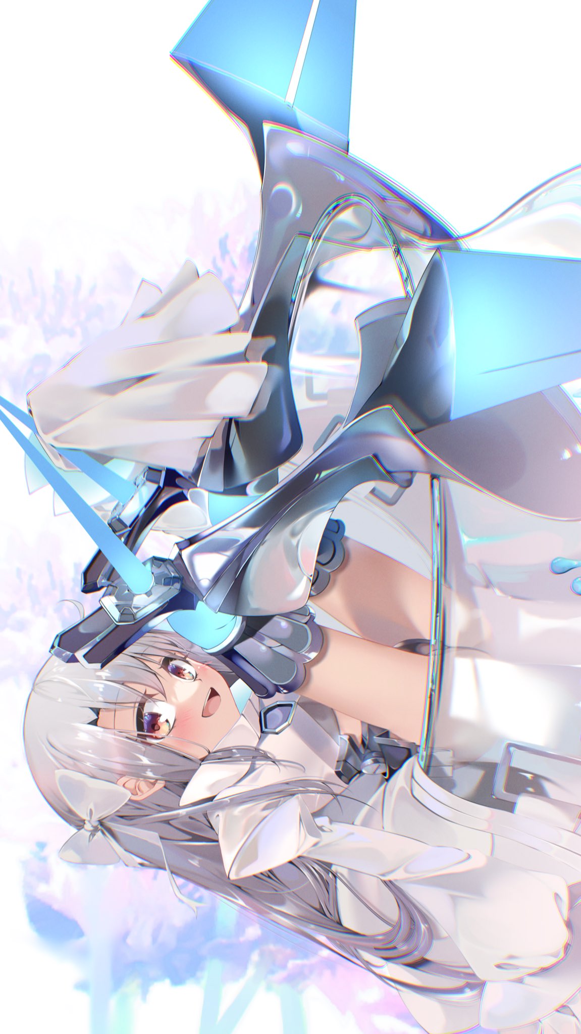 1girl armor armored_boots blush boots breasts coat cosplay crotch_plate fate/extra fate/extra_ccc fate/grand_order fate/kaleid_liner_prisma_illya fate_(series) hair_ribbon highres illyasviel_von_einzbern juliet_sleeves knee_spikes leg_blade long_hair long_sleeves looking_at_viewer meltryllis_(fate) meltryllis_(fate)_(cosplay) meltryllis_(third_ascension)_(fate) open_mouth pei_iriya prisma_illya prosthesis prosthetic_leg puffy_sleeves red_eyes revealing_clothes ribbon sleeves_past_wrists smile solo spikes white_coat white_hair white_ribbon