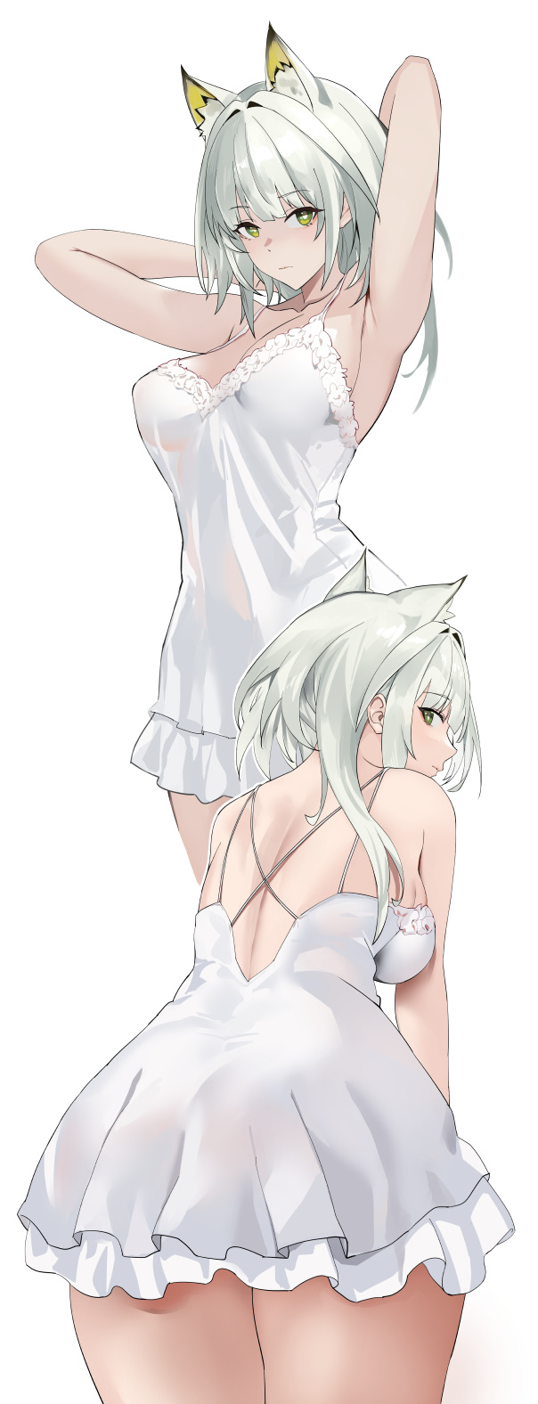 1girl animal_ears arknights armpits arms_up ass bare_arms bare_shoulders blazingchaos breasts cat_ears cleavage closed_mouth extra_ears green_eyes grey_hair highres kal'tsit_(arknights) large_breasts leaning_forward long_hair looking_at_viewer multiple_views negligee simple_background white_background