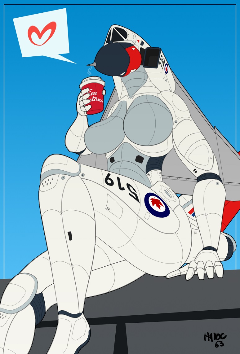 &lt;3 aircraft airplane anthro beverage breasts canadian canadian_flag coffee engine eyeless female hangar havoc63 living_aircraft living_machine living_vehicle machine simple_background sitting smile solo tim_hortons vehicle wings