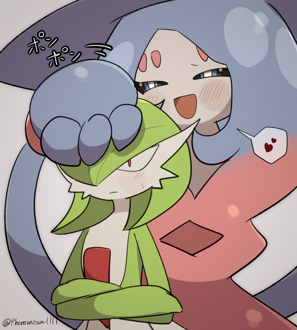 2girls a-nya annoyed black_sclera blue_eyes blue_hair blue_headwear blush bob_cut bright_pupils closed_mouth colored_sclera colored_skin commentary_request crossed_arms flat_chest gardevoir green_hair green_skin grey_background grey_skin hair_over_one_eye half-closed_eyes happy hat hatterene headpat heart interspecies light_blush long_hair motion_lines multicolored_hair multicolored_skin multiple_girls one_eye_covered open_mouth partial_commentary pink_hair pokemon pokemon_(creature) prehensile_hair red_eyes short_hair sidelocks simple_background smile speech_bubble spoken_heart standing sweat translation_request two-tone_hair two-tone_skin upper_body very_long_hair white_pupils witch_hat yuri