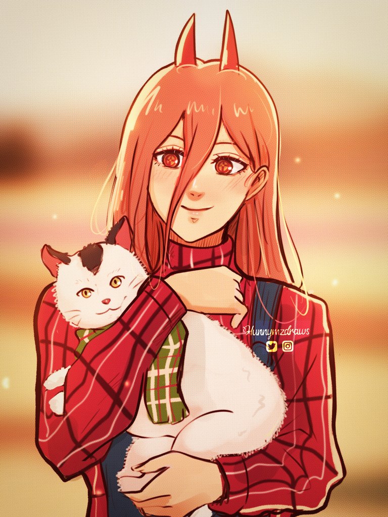 +_+ 1girl animal blurry blurry_background blush cat chainsaw_man checkered_clothes checkered_scarf demon_girl demon_horns green_scarf holding holding_animal holding_cat horns hunnymzdraws meowy_(chainsaw_man) overalls pet pink_hair power_(chainsaw_man) red_eyes red_sweater scarf smile sweater turtleneck turtleneck_sweater twitter_username watermark white_cat