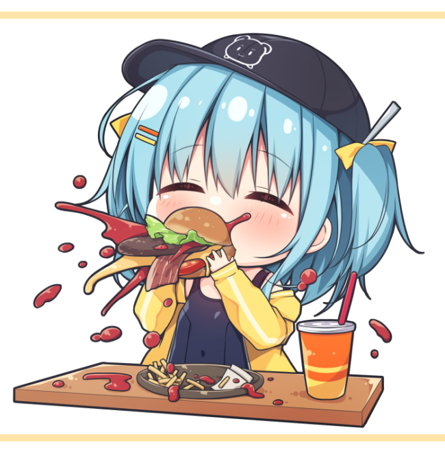 1girl bacon baseball_cap black_headwear black_one-piece_swimsuit blue_hair blush bow burger burger_malfunction cheese closed_eyes commentary_request covered_navel cup disposable_cup drinking_straw food french_fries hair_between_eyes hair_bow hanamiya_natsuka hat holding holding_food jacket ketchup lettuce long_sleeves off_shoulder one-piece_swimsuit open_clothes open_jacket original puffy_long_sleeves puffy_sleeves simple_background sleeves_past_wrists solo swimsuit swimsuit_under_clothes tomato two_side_up upper_body white_background yellow_bow yellow_jacket