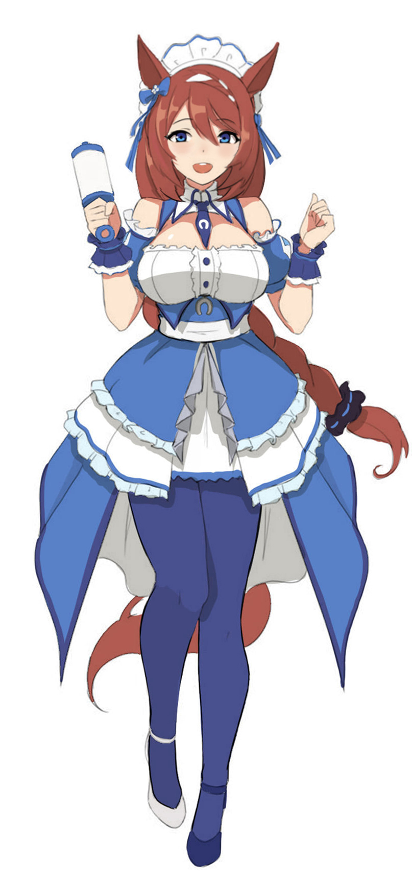 1girl alternate_costume animal_ears apron bare_shoulders black_pantyhose blue_dress blue_eyes blue_footwear breasts brown_hair cleavage clenched_hands dress enmaided full_body high_heels highres horse_ears horse_girl horse_tail large_breasts long_hair maid maid_apron maid_headdress multicolored_hair open_mouth pantyhose rattle smile solo streaked_hair super_creek_(umamusume) tail teeth umamusume upper_teeth_only vococo white_footwear white_hair wrist_cuffs