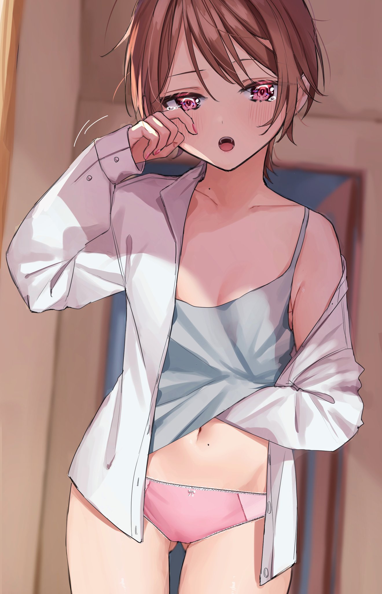 1girl ass_visible_through_thighs blue_shirt blurry blurry_background bow bow_panties breasts brown_hair camisole chigusa_minori clothes_lift collarbone commentary_request cowboy_shot depth_of_field doorway dress_shirt dutch_angle half-closed_eyes hand_under_clothes hand_under_shirt highres indoors kokoro_iroduku_koi_ga_shitai lace lace-trimmed_panties lace_trim lifted_by_self long_sleeves looking_at_viewer mole mole_on_collarbone momose_hikari_(kokoro_iroduku_koi_ga_shitai) motion_lines navel no_pants off_shoulder open_mouth panties pink_panties purple_eyes shirt shirt_lift short_hair sleepy small_breasts solo standing tears underwear white_shirt wiping_tears