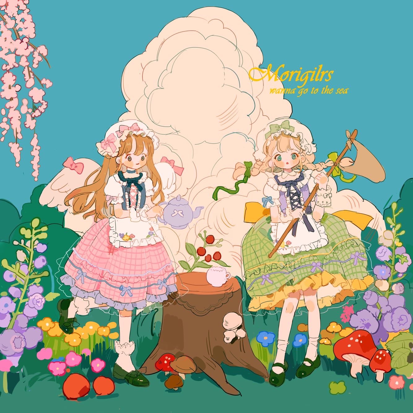 2girls angel_wings ankle_cuffs apron back_bow blonde_hair blue_bow blue_bowtie blue_choker blue_flower blue_sky blue_vest blunt_bangs blush_stickers bow bow_on_wing bow_skirt bowtie braid brown_hair bush center_frills cherry_blossoms choker closed_mouth cloud collar commentary cross-laced_clothes cross-laced_top day detached_collar english_commentary english_text eyeshadow flag floral_print flower footwear_bow frilled_apron frilled_shirt_collar frilled_skirt frilled_sleeves frilled_wrist_cuffs frills full_body grass green_bow green_eyes green_footwear green_skirt hair_bow hat hat_bow high_heels highres holding holding_flag kneehighs layered_skirt leaf leg_up long_hair looking_at_viewer makeup mary_janes medium_skirt mob_cap multiple_girls mushroom open_mouth original outdoors pink_bow pink_flower pink_skirt plaid plaid_skirt puffy_short_sleeves puffy_sleeves pumps purple_bow purple_flower purple_vest putong_xiao_gou red_eyeshadow see-through_skirt_layer shirt shoes short_sleeves skirt sky sleeve_bow socks straight-on traditional_clothes triangle_mouth twin_braids vest waist_apron waist_bow white_apron white_bow white_collar white_headwear white_shirt white_socks white_wings white_wrist_cuffs wings wrist_bow yellow_bow yellow_flower