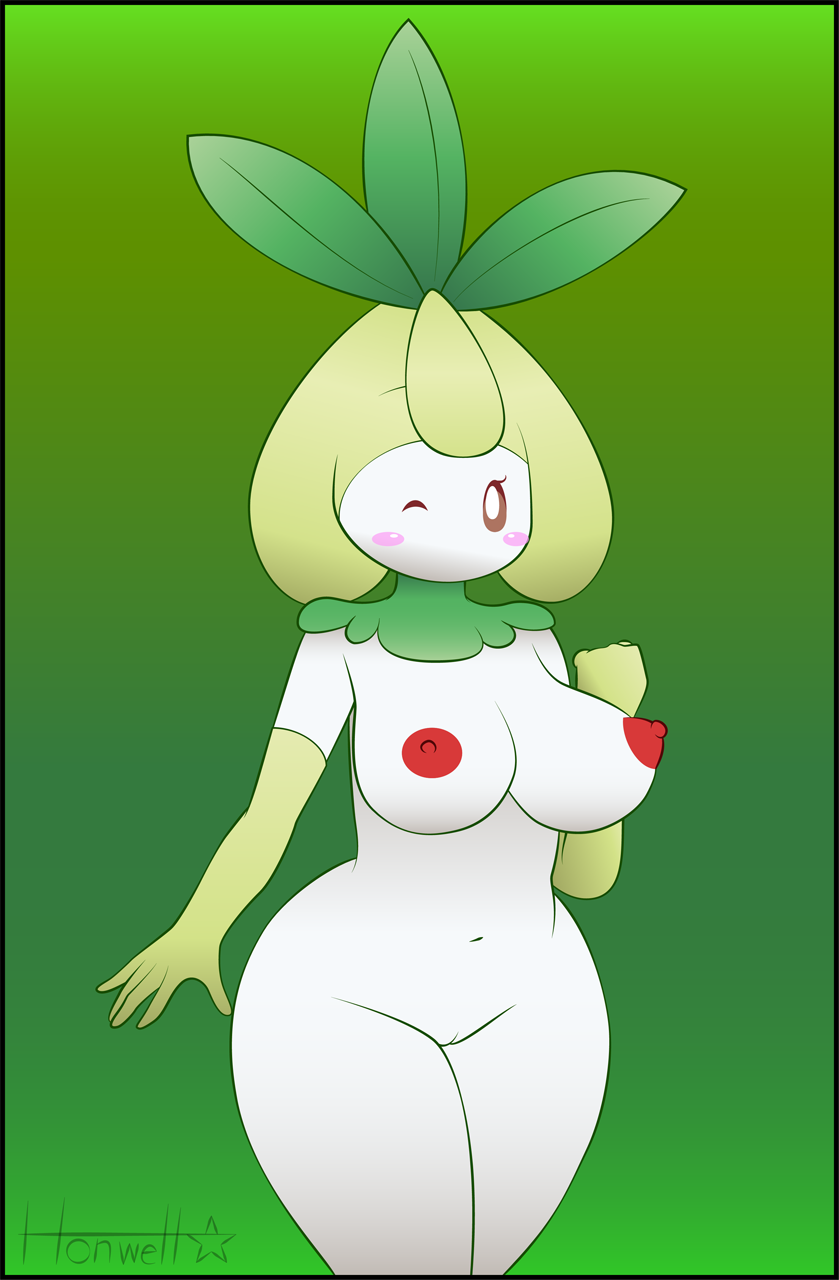 areola armwear big_breasts blush blush_stickers breasts brown_eyes clothing elbow_gloves eyelashes female generation_5_pokemon genitals gloves green_background green_body green_clothing green_gloves green_handwear handwear hi_res honwell huge_breasts humanoid leaf looking_at_viewer mostly_nude mouthless navel nintendo nipples one_eye_closed petilil pink_areola pink_nipples pokemon pokemon_(species) pussy simple_background solo thick_thighs white_body wide_hips wink winking_at_viewer