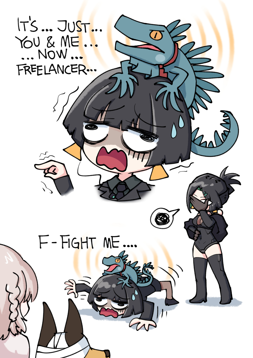 3girls 621_(armored_core_6) allmind_(armored_core_6) animal armored_core armored_core_6 ayre_(armored_core_6) bandages black_hair bodysuit boots braid commentary dog earrings english_text facepalm g5_iguazu_(armored_core_6) grey_hair highres iguana jewelry kate_markson multiple_girls office_lady phsueh short_hair speech_bubble spoilers sweatdrop thigh_boots