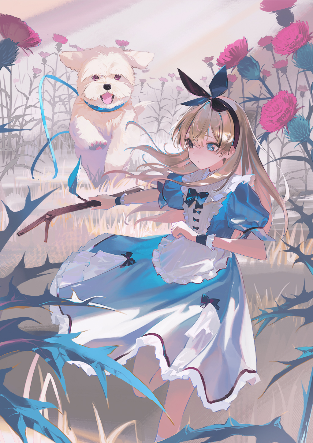 1girl alice_(alice_in_wonderland) alice_in_wonderland blonde_hair blue_dress blue_eyes bow branch commentary dog dress english_commentary flower grass hairband heterochromia highres holding holding_branch holding_stick mini_person minigirl outdoors puffy_short_sleeves puffy_sleeves puppy redrawn running short_sleeves socks solo stick thorns wakuseiy white_socks wrist_cuffs