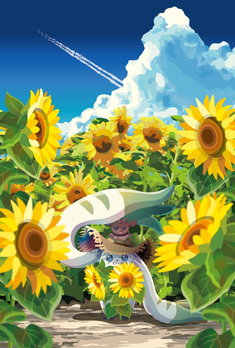 2others blue_sky chocomon cloud day digimon digimon_(creature) flower horns looking_at_viewer multiple_others no_humans open_mouth outdoors sky sunflower terriermon yam_retsu yellow_flower