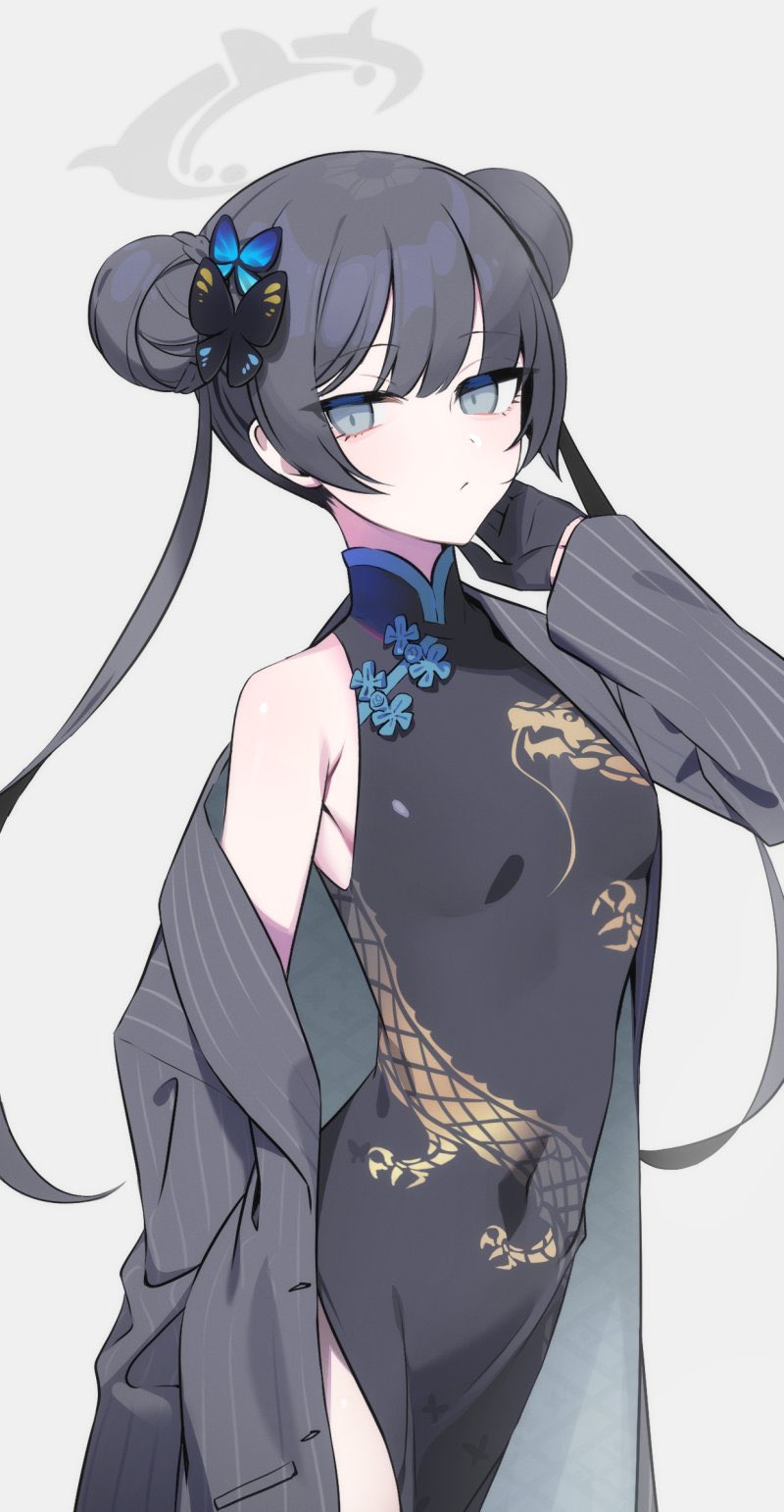 1girl black_dress black_gloves black_hair blue_archive blush breasts china_dress chinese_clothes closed_mouth coat commentary covered_navel double_bun dress gloves grey_background grey_eyes hair_bun halo highres kisaki_(blue_archive) long_hair looking_at_viewer off_shoulder open_clothes open_coat pelvic_curtain simple_background small_breasts solo twintails very_long_hair yuura