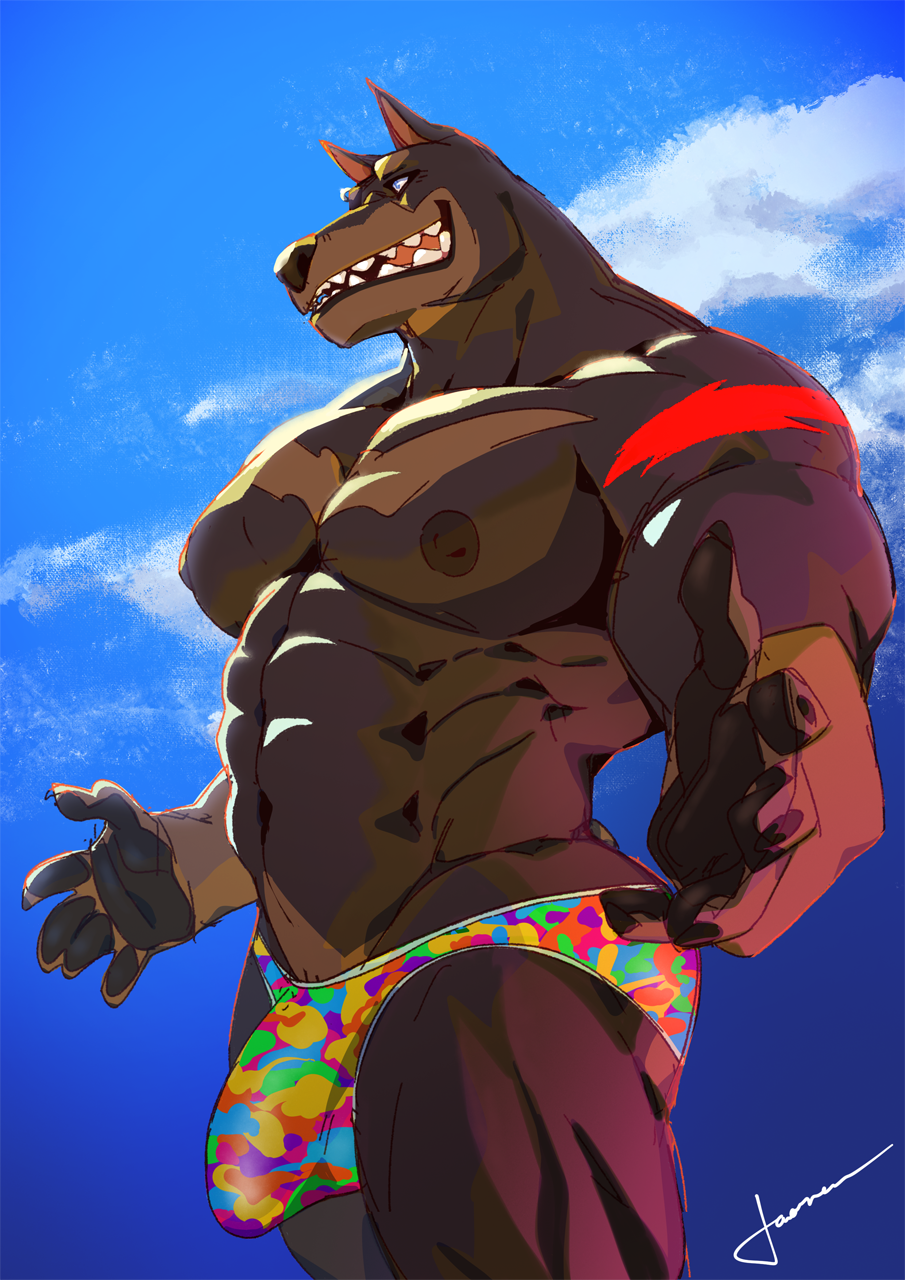 abs anthro bulge canid canine canis clothing dobermann domestic_dog hi_res male mammal multicolored_clothing multicolored_underwear muscular muscular_anthro muscular_male nipples pawpads pecs pinscher rainbow_clothing rainbow_underwear solo taoren underwear