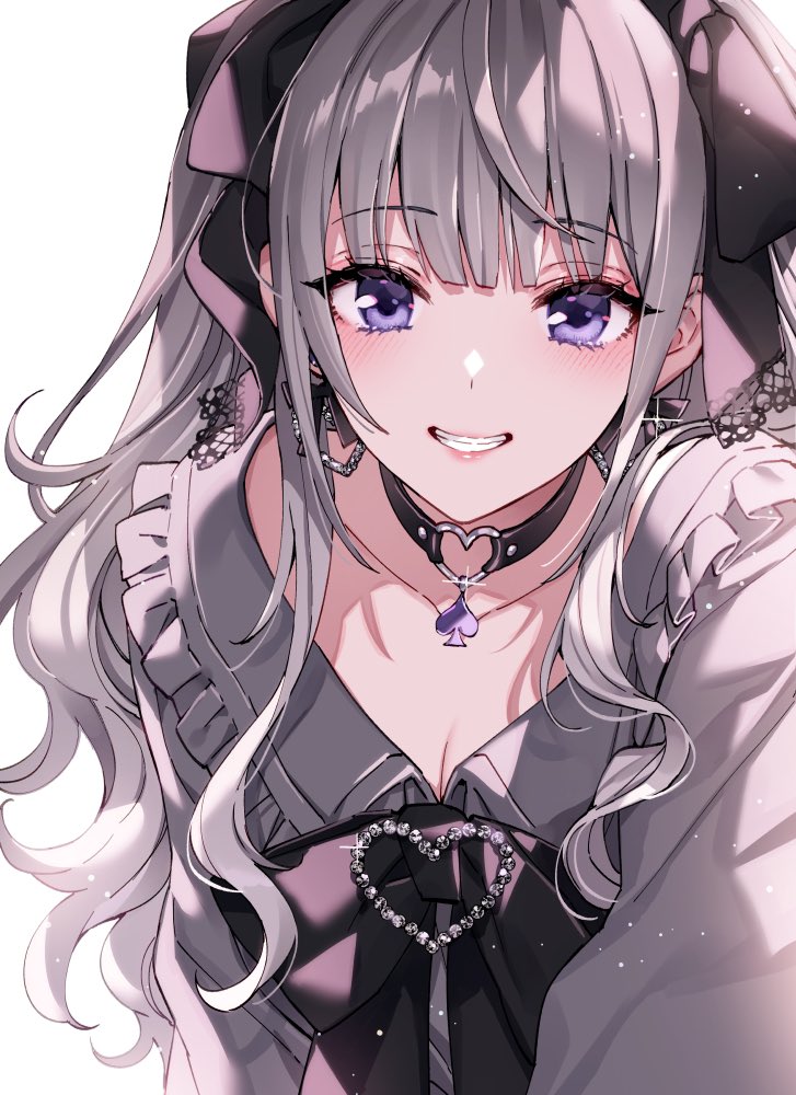 1girl blunt_bangs blush bow bowtie breasts brooch character_request choker cleavage commentary_request curly_hair earrings frilled_shirt frills grey_hair grin hair_bow heart heart-shaped_ornament heart_choker jewelry light_particles looking_at_viewer menhera_ga_aisai_apron_ni_kigaetara multiple_hair_bows nardack purple_eyes reaching reaching_towards_viewer second-party_source shadow shirt smile solo spade_(shape) teeth twintails wavy_hair white_background
