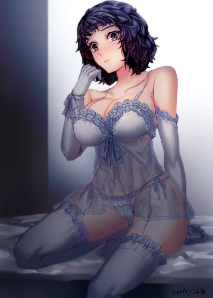 1girl artist_name babydoll bare_shoulders bed black_hair blush bra breasts brown_eyes cleavage closed_mouth collarbone elbow_gloves embarrassed frilled_thighhighs frills garter_straps gloves indoors kawakami_sadayo lace large_breasts lingerie looking_at_viewer panties persona persona_5 ribbon see-through short_hair signature sitting solo thighhighs underwear white_gloves white_panties white_thighhighs wrist_ribbon yaoto