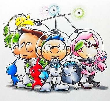 1girl 2boys akira_(8877ice) alien alph_(pikmin) backpack badge bag big_nose black_eyes black_skin blue_eyes blue_gloves blue_hair blue_light blue_pikmin blue_skin brittany_(pikmin) brown_hair buttons charlie_(pikmin) clenched_hand closed_eyes closed_mouth colored_skin commentary_request everyone facial_hair freckles frown glasses gloves green_bag green_light hand_on_another's_head hand_on_another's_waist hand_on_hand hand_on_headwear hand_on_own_head hand_on_own_hip helmet leaf leaning_forward lowres lying lying_on_person miniskirt mohawk motion_lines multiple_boys mustache no_mouth on_stomach outstretched_hand pikmin_(creature) pikmin_(series) pikmin_3 pink_hair pink_light pink_skin pink_skirt pointy_nose radio_antenna red-framed_eyewear red_pikmin red_skin rock rock_pikmin shadow short_hair sitting sitting_on_head sitting_on_person skirt solid_circle_eyes space_helmet spacesuit star_(symbol) tan traditional_media triangle_mouth triangular_eyewear v-shaped_eyes whistle winged_pikmin yellow_pikmin yellow_skin