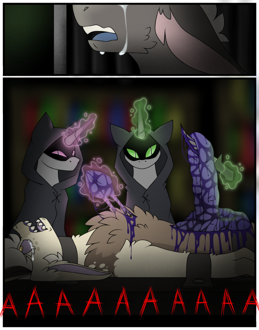 2023 ambiguous_gender anthro bodily_fluids bound brown_body brown_fur chimera colored_blood comic_panel cutting discord_(mlp) disembowelment draconequus english_text equid equine friendship_is_magic fur gore gore_focus goretober green_eyes grey_body grey_fur group hasbro horn horse knife male mammal my_little_pony pegacousin pink_eyes pony purple_organs red_text striped_body striped_fur stripes tears tears_of_pain text unicorn unknown_character yellow_body yellow_fur
