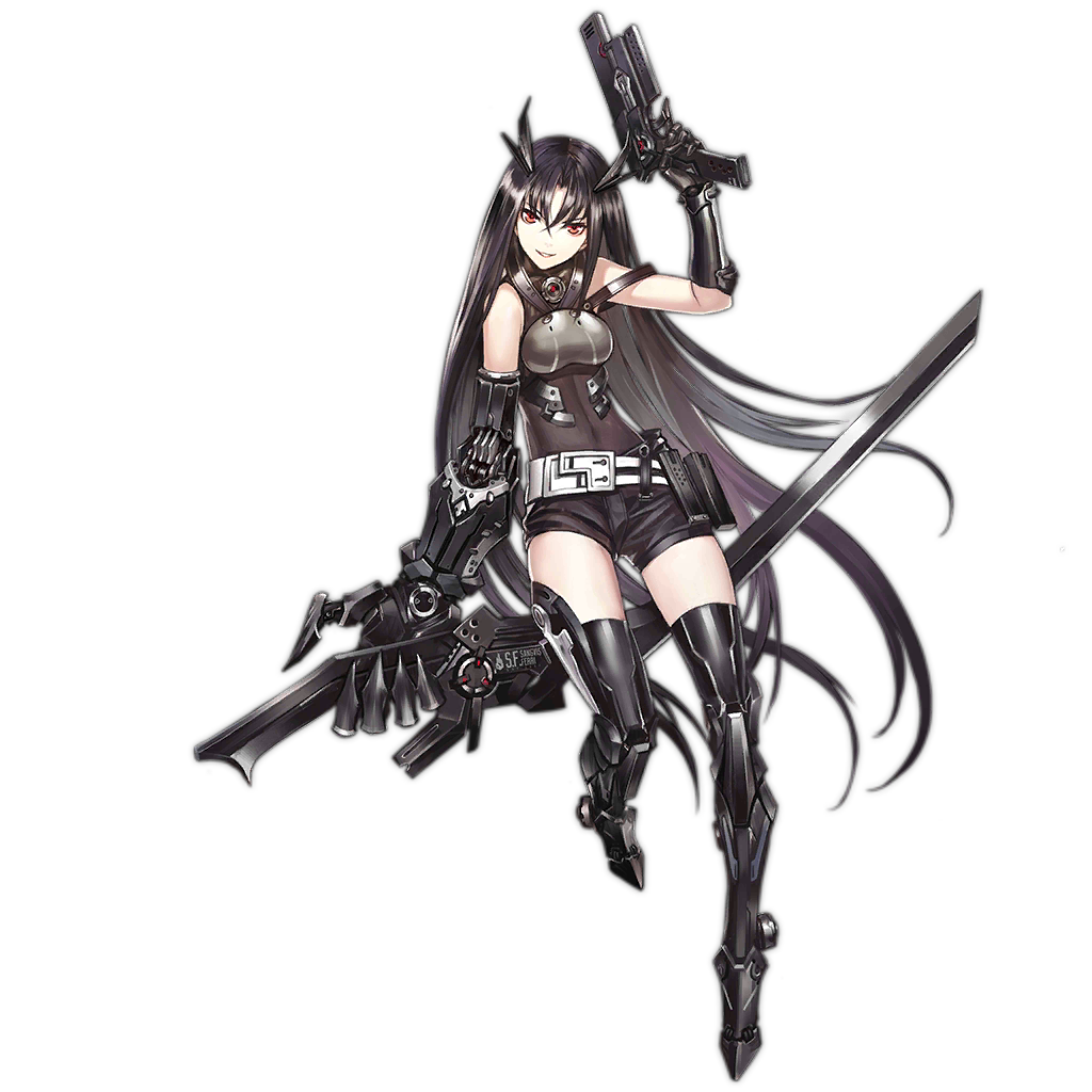 1girl armor armored_boots belt black_footwear black_gloves black_hair black_shorts black_thighhighs boots breasts covered_navel crossed_bangs evil_smile executioner_(girls'_frontline) full_body girls'_frontline gloves grin gun hair_between_eyes handgun headgear holding holding_gun holding_sword holding_weapon holster infukun leaning_on_object leaning_to_the_side long_hair looking_at_viewer mechanical_arms medium_breasts official_art oversized_forearms oversized_limbs red_eyes sangvis_ferri shorts simple_background smile solo sword thigh_boots thighhighs transparent_background trigger_discipline very_long_hair weapon