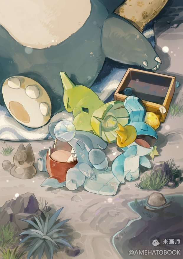 amehatobook berry_(pokemon) box closed_eyes commentary_request gible larvitar lying mudkip no_humans nose_bubble open_mouth oran_berry pillow plant pokemon pokemon_(creature) rock sharp_teeth sitrus_berry sleeping snorlax teeth tongue water watermark