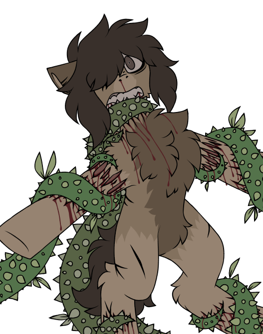 alt_sona ambiguous_gender blood bodily_fluids bound bound_together brown_body brown_fur canid canine canis death domestic_dog elemental_creature equid equine female flora_fauna forced fur gore goretober horse hybrid imminent_death imminent_gore male mammal pain pegacousin pegacousin_(pegacousin) plant pony solo striped_body striped_fur stripes tearing_flesh
