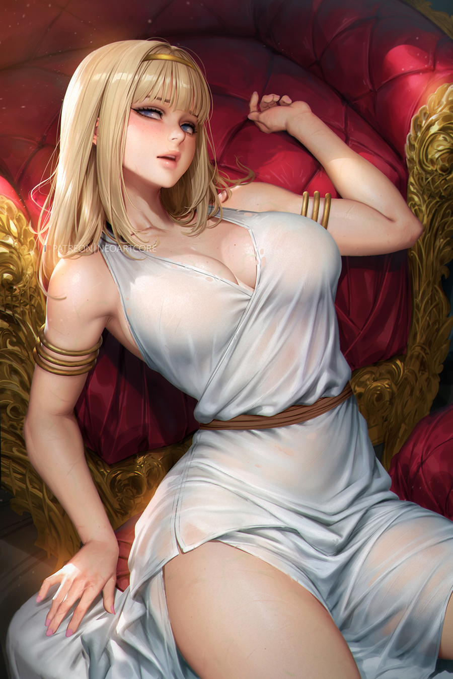 1girl armchair armlet armpit_crease armpit_peek blonde_hair blue_eyes blunt_bangs blush breasts chair cleavage collarbone dirty dirty_clothes dress fingernails hairband highres large_breasts leaning_on_object looking_at_viewer medium_hair neoartcore on_chair open_mouth parted_lips patreon_username sash see-through shingeki_no_kyojin solo thighs torn_clothes torn_dress white_dress ymir_fritz