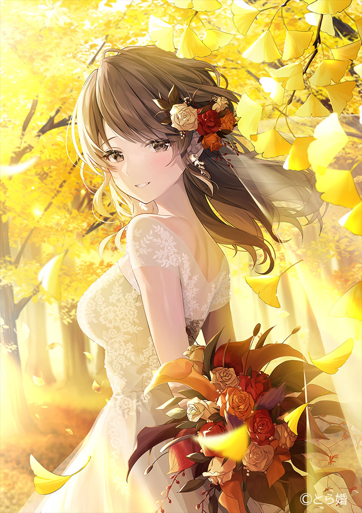 1girl arms_behind_back autumn bare_arms bouquet breasts brown_eyes brown_hair commentary copyright copyright_name cross-laced_clothes cross-laced_dress day dress earrings falling_leaves floating_hair floral_print flower forest from_side ginkgo_leaf ginkgo_tree gold_earrings hair_flower hair_ornament holding holding_bouquet jewelry kagachi_saku lace lace_dress leaf long_hair looking_back looking_to_the_side medium_breasts nature official_art outdoors parted_lips red_flower red_rose rose short_sleeves smile solo swept_bangs toracon tree upper_body wedding_dress white_dress yellow_flower yellow_leaves yellow_rose