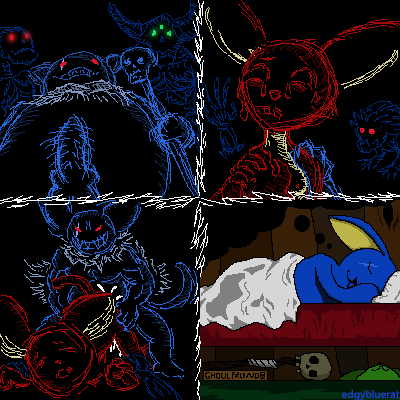 4_panel_comic adventurequest_worlds anal anal_penetration anthro artix_entertainment bedding black_background blanket blue_body blue_fur bodily_fluids bone cloak cloak_only clothing cum cum_in_ass cum_inside different_artstyle digital_media_(artwork) dream duo edgybluerat forced fur genital_fluids genitals glowing glowing_eyes humor low_res male male/male mammal mask moglin penetration penile_spines penis rape red_body red_eyes red_fur sex simple_background skeleton staff tail twilly zorbak
