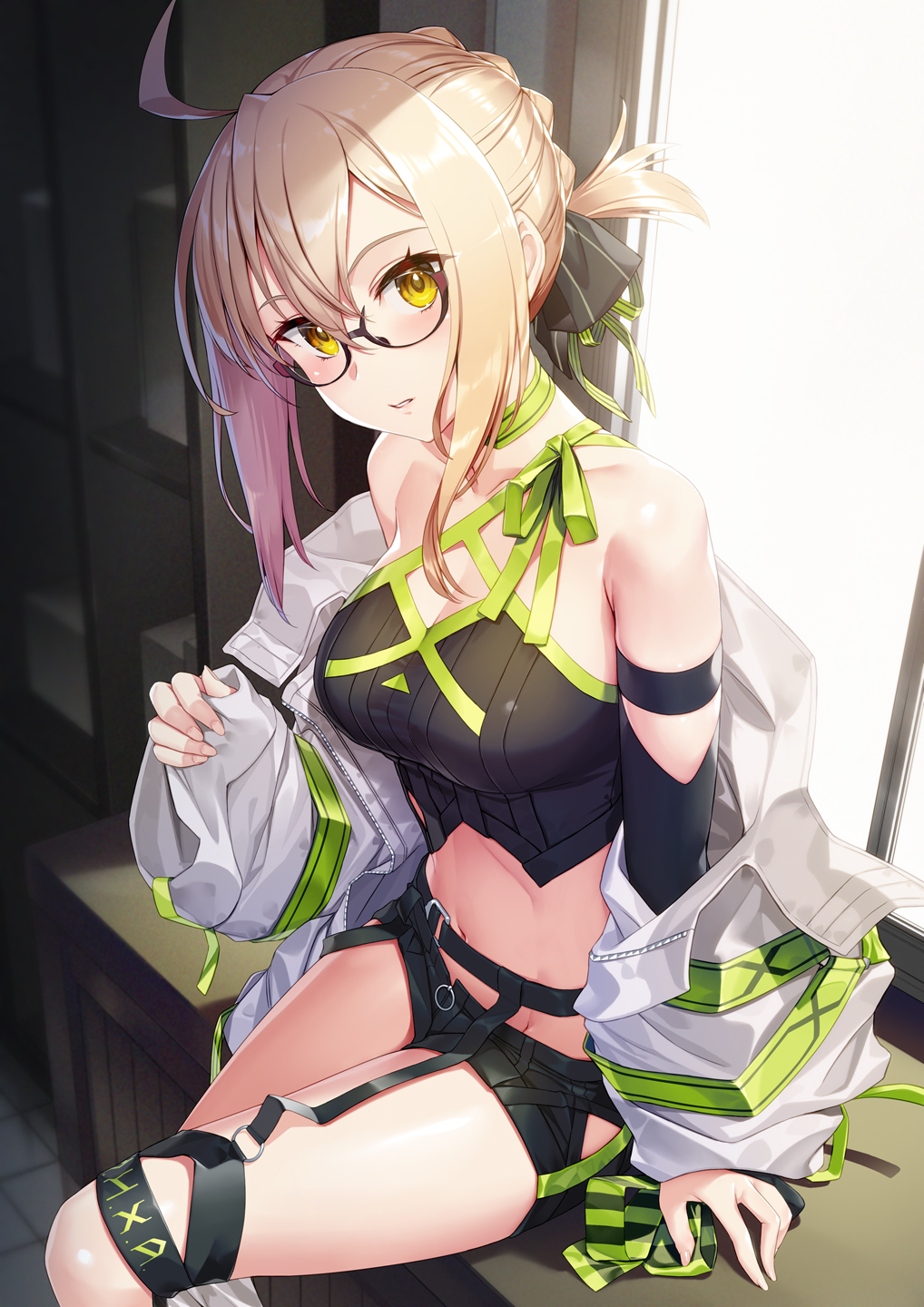 1girl ahoge artoria_pendragon_(fate) blonde_hair breasts crop_top fate/grand_order fate_(series) glasses highres jacket medium_breasts midriff mysterious_idol_x_alter_(fate) navel nonderi short_shorts shorts sitting sleeves_past_wrists white_jacket yellow_eyes