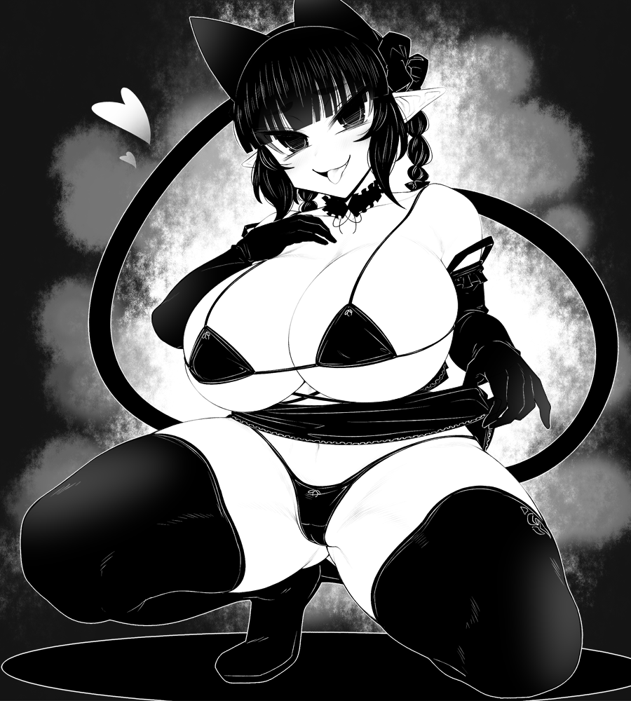 1girl animal_ears bikini blunt_bangs braid breasts cat_ears cat_girl cat_tail cleavage clothes_lift commentary_request curvy detached_collar elbow_gloves extra_ears gloves greyscale haseru_(ginku_mh) heart huge_breasts kaenbyou_rin lifted_by_self looking_at_viewer medium_hair micro_bikini monochrome multiple_tails nekomata open_mouth pointy_ears side_braids sidelocks smile solo squatting swimsuit tail thighhighs tongue tongue_out touhou twin_braids two_tails