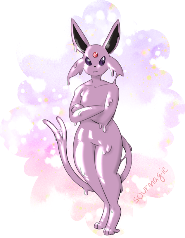 alpha_channel ambiguous_gender annoyed anthro big_ears clothing eeveelution espeon forked_tail generation_2_pokemon goo_transformation grumpy latex nintendo pokemon pokemon_(species) rubber rubber_clothing rubber_suit slime solo sourmagic tail thick_thighs transformation unusual_anatomy unusual_tail