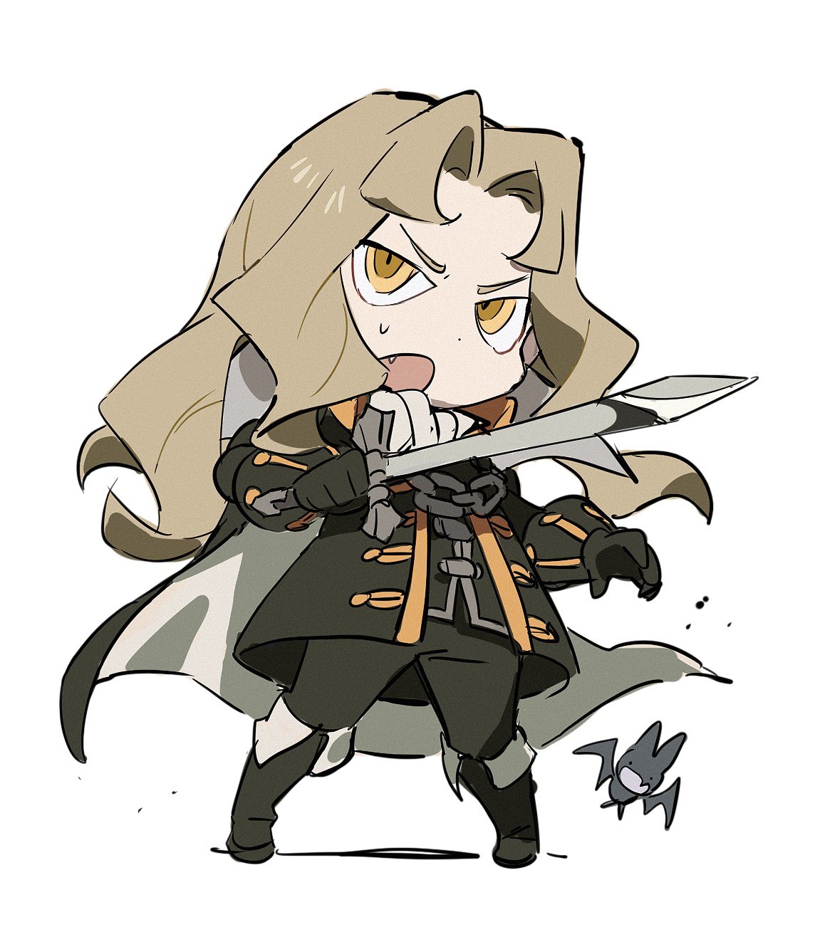 1boy alucard_(castlevania) ascot bat_(animal) black_coat black_footwear black_gloves black_pants blonde_hair castlevania castlevania:_symphony_of_the_night chain chibi coat commentary dot_nose english_commentary fang full_body gloves highres holding holding_sword holding_weapon jeto_(jetopyon) long_hair long_sleeves male_focus open_mouth pants simple_background solo standing sweatdrop sword v-shaped_eyebrows weapon white_ascot white_background yellow_eyes