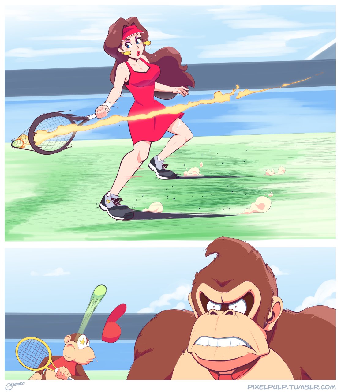 1girl 2boys angry ape artist_name ball bare_legs bare_shoulders baseball_cap biting black_eyes black_footwear black_shirt blue_eyes border breasts brown_fur brown_hair cleavage collarbone diddy_kong donkey_kong donkey_kong_(series) dress dust_cloud earrings eyelashes eyeshadow flying_spittle frown gold_earrings gorilla hair_intakes hat hat_removed headwear_removed highres holding holding_racket jewelry legs_apart lip_biting lips lipstick long_hair looking_at_object makeup mario_(series) mario_tennis mario_tennis_aces medium_breasts monkey motion_lines multiple_boys necktie nintendo nostrils outdoors parted_lips pauline_(mario) phone pixelpulp racket red_dress red_headwear red_lips red_shirt shadow shirt shoelaces shoes short_dress signature sleeveless sleeveless_dress sleeveless_shirt sneakers socks star-shaped_pupils star_(symbol) symbol-shaped_pupils teeth tennis tennis_ball tennis_pauline tennis_racket tumblr_username undershirt visor_cap watermark web_address white_border white_wristband wristband