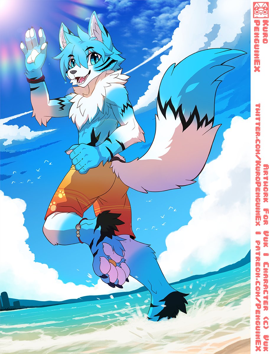 ambient_bird anthro arm_tuft avian bird black_markings blue_body blue_claws blue_fur blue_hair blue_sky blue_tail bottomwear canid chest_tuft claws clothed clothing cloud digit_ring elbow_tuft fangs feet fur gesture glistening glistening_eyes hair hi_res inner_ear_fluff jewelry looking_at_viewer male mammal markings open_mouth open_smile orange_bottomwear orange_clothing orange_shorts outside pawpads penguinexperience ring shorts shoulder_tuft sky smile solo splash tail teeth toe_ring toes topless tuft vuk water waving waving_at_viewer white_body white_fur white_inner_ear_fluff white_pawpads white_tail