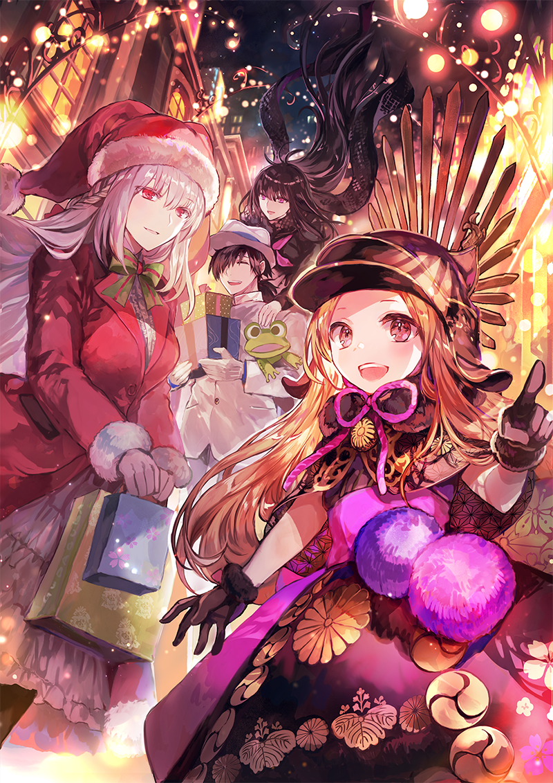 1boy 3girls bag black_dress black_gloves black_hair black_headwear box braid brown_hair chacha_(fate) christmas christmas_lights closed_eyes closed_mouth dress fate/grand_order fate_(series) floating_hair florence_nightingale_(fate) florence_nightingale_(santa)_(fate) gift gift_box gloves grey_hair hat holding holding_bag holding_gift long_hair long_sleeves multiple_girls night night_sky official_art open_mouth oryou_(fate) outdoors pink_eyes pointing red_dress red_eyes rioka_(southern_blue_sky) sakamoto_ryouma_(fate) santa_dress santa_hat second-party_source shopping_bag short_hair sky smile stuffed_animal stuffed_toy suit teeth upper_teeth_only white_gloves white_headwear white_suit