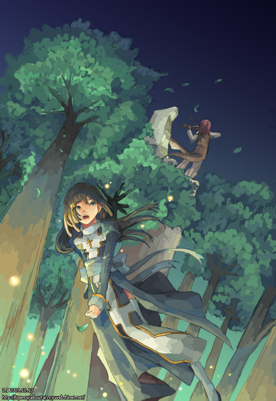 1boy 1girl blue_eyes bow_(music) breasts brown_coat brown_hair clown_(ragnarok_online) coat cross dated dress falling_leaves forest full_body high_priest_(ragnarok_online) instrument juliet_sleeves leaf long_hair long_sleeves medium_bangs medium_hair music nature open_mouth playing_instrument puffy_sleeves ragnarok_online red_hair sash shirt small_breasts thighhighs tree two-tone_dress violin web_address white_dress white_sash white_shirt white_thighhighs z.i