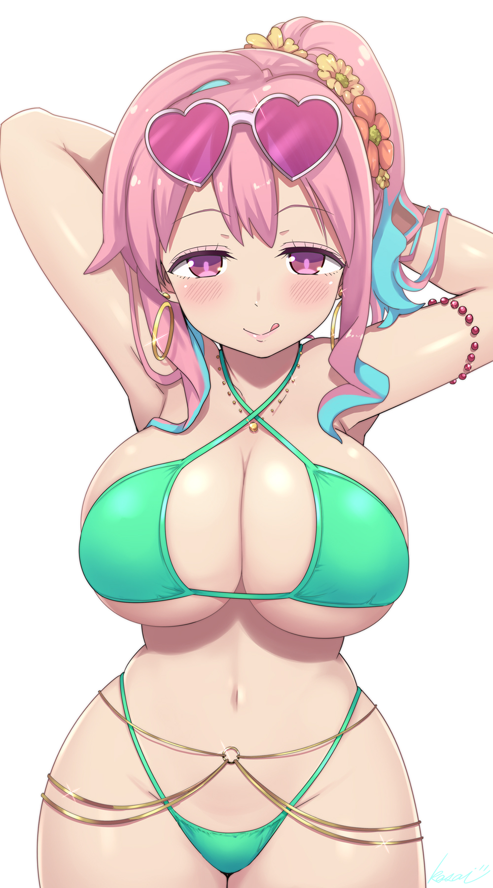 1girl armpits arms_behind_head arms_up bikini blush breasts changing_room cleavage commentary earrings flower glint hair_flower hair_ornament heart heart-shaped_eyewear highleg highleg_bikini highres hoop_earrings hozuki_kaede jewelry kasai_shin large_breasts licking_lips long_hair looking_at_viewer multicolored_hair navel o-ring onii-chan_wa_oshimai! pink-tinted_eyewear pink_eyes pink_hair pink_pupils side_ponytail signature solo sunglasses swimsuit thick_thighs thighs tinted_eyewear tongue tongue_out two-tone_hair underboob wide_hips yellow_flower