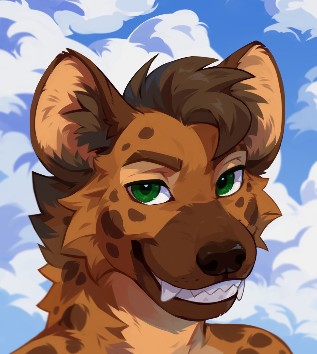 anthro blue_sky brown_hair brown_spots bust_portrait cloud corzh77 facial_spots fangs fur glistening glistening_eyes green_eyes grin hair hi_res hyena looking_at_viewer male mammal neck_tuft orange_body orange_fur portrait sky smile solo spots spotted_body spotted_face spotted_fur spotted_neck teeth tuft