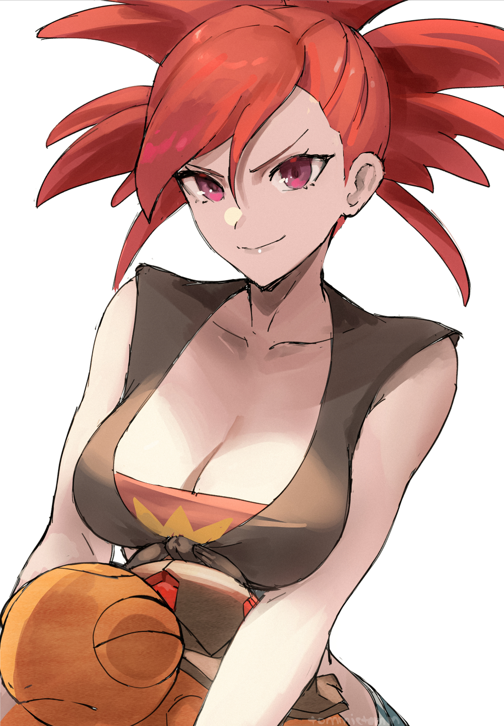 1girl bandeau black_shirt breasts cleavage closed_mouth collarbone commentary flannery_(pokemon) high_ponytail highres holding holding_pokemon large_breasts long_hair looking_at_viewer pokemon pokemon_(creature) pokemon_(game) pokemon_oras red_bandeau red_eyes red_hair shirt sleeveless sleeveless_shirt smile tied_shirt tommy_(kingdukeee) torkoal upper_body white_background