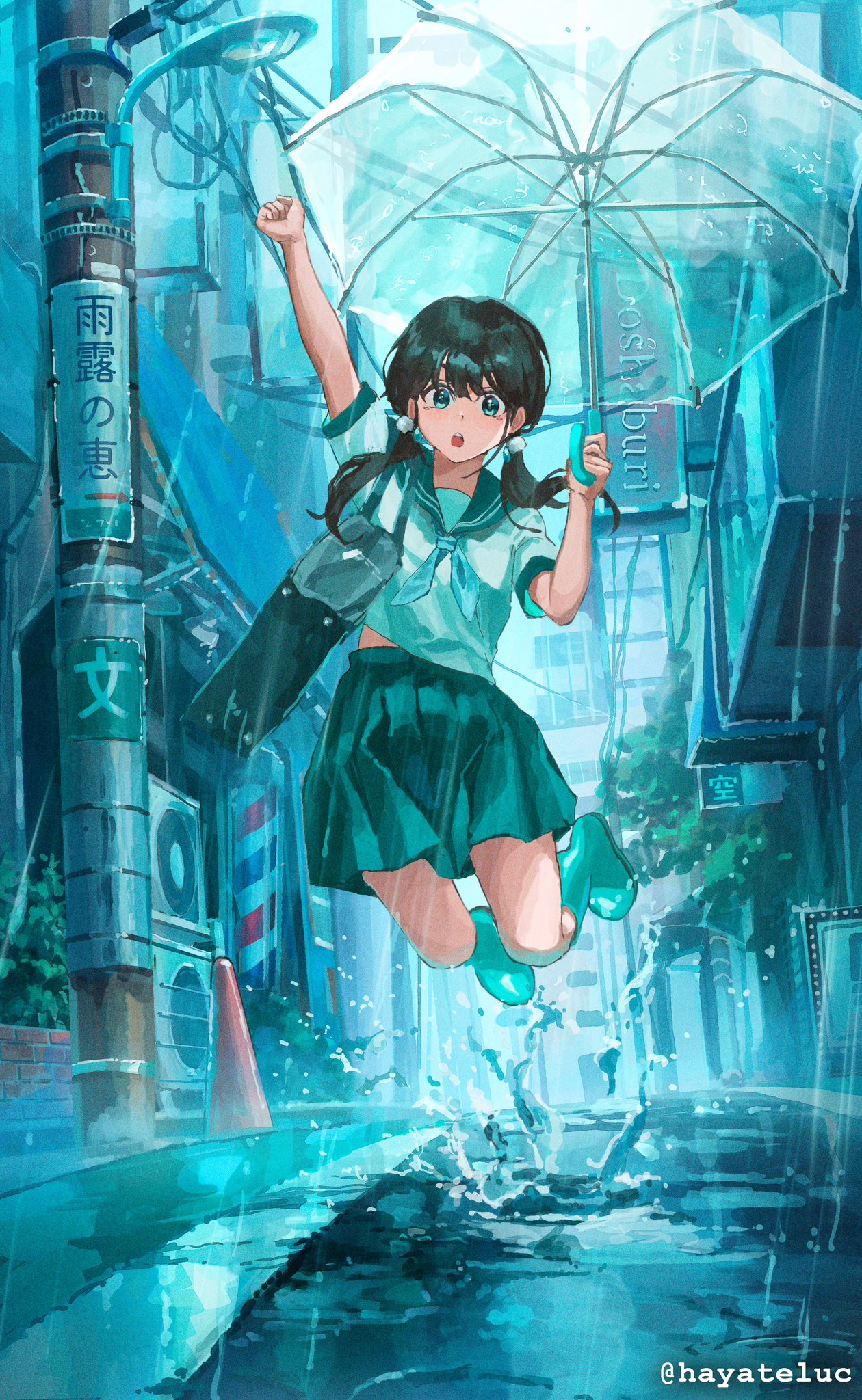 1girl air_conditioner ankle_boots aqua_footwear arm_up bag barber_pole black_hair black_sailor_collar black_skirt boots building clenched_hand commentary_request hayateluc highres holding holding_umbrella jumping lamppost long_hair low_twintails open_mouth original outdoors procreate_(medium) rain road sailor_collar school_bag school_uniform serafuku shirt short_sleeves skirt solo street summer_uniform teeth traffic_cone translation_request transparent transparent_umbrella twintails umbrella upper_teeth_only utility_pole white_shirt